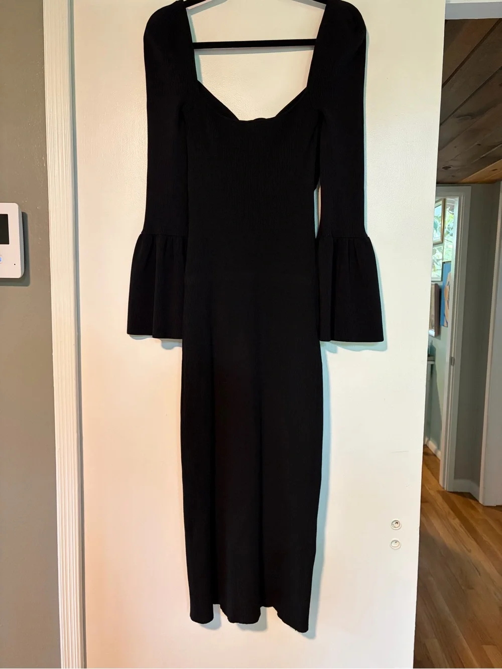 Self-Portrait Size L Ribbed Midi Dress with Cutout & Bell Sleeves - Picture 4 of 7